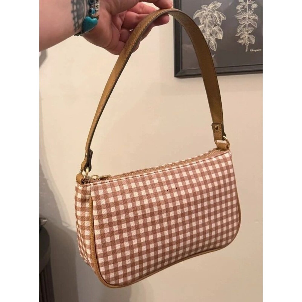 Nanette Lepore Tan Gingham Baguette Shoulder Bag